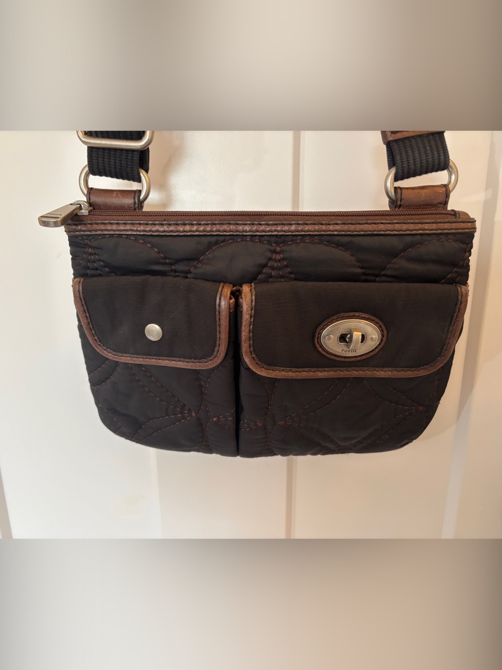 Fossil Black Quilted Crossbody with Brown Trim